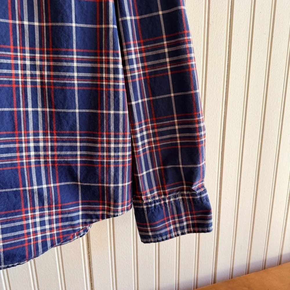 Banana Republic Mens Untucked Fit Plaid Button Down Shirt Blue Red White Large‎